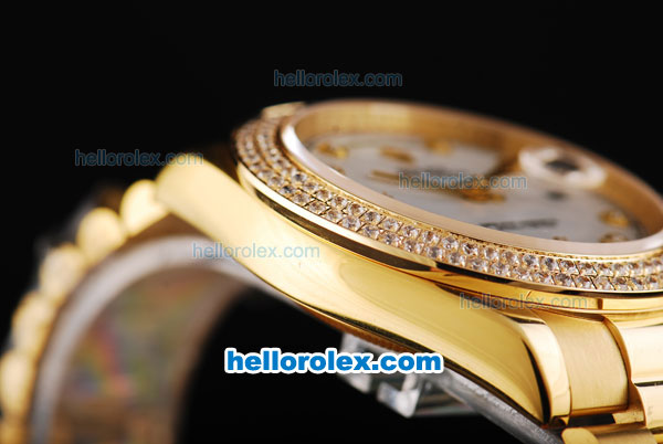 Rolex Day-Date II Automatic Movement Full Gold with Double Row Diamond Bezel-White Dial and Diamond Markers - Click Image to Close